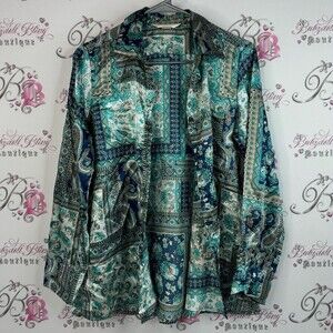 Traditions button up shiny patchwork paisley boho Teal and Blue Floral Blouse